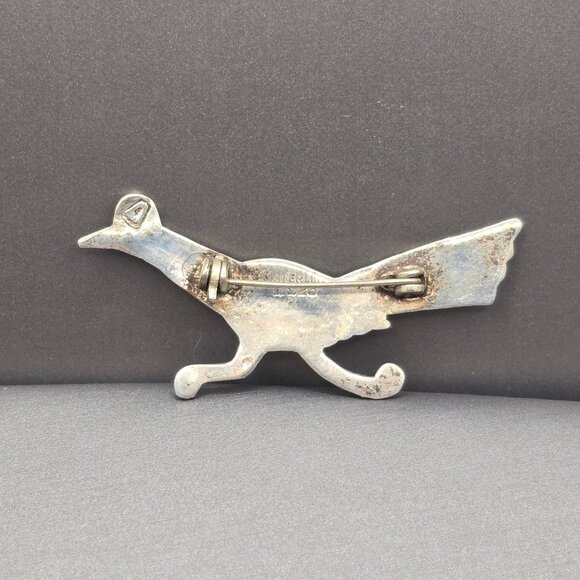Vintage Southwestern Sterling Silver Roadrunner Brooch Inlay Turquoise Coral - Picture 2 of 8